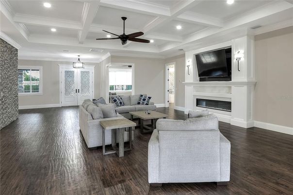 Fireplace, Interior, Living room, Pendant Lights, Recessed Lighting, Wood Texture Flooring