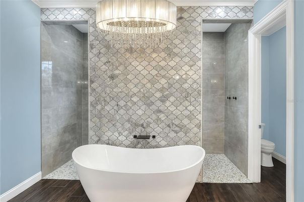Bathroom, Free Standing Baths, Glass Shower, Interior, Wood Texture Flooring
