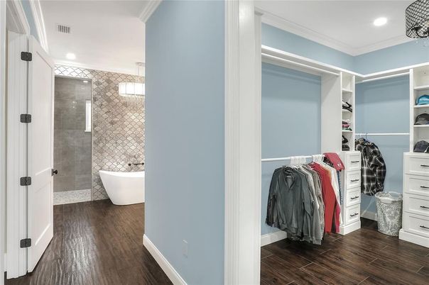 Bathroom, Free Standing Baths, Glass Shower, Interior, Recessed Lighting, Walk-in Closets, Wood Texture Flooring