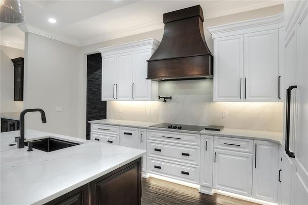 Interior, Kitchen, Marble Walls, Recessed Lighting, Wood Texture Flooring