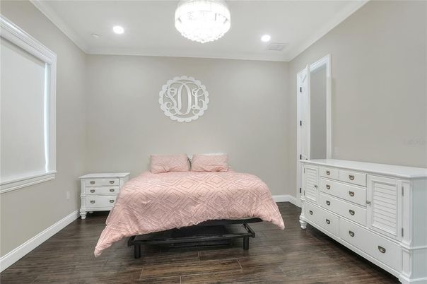 Bedroom, Interior, Recessed Lighting, Wood Texture Flooring