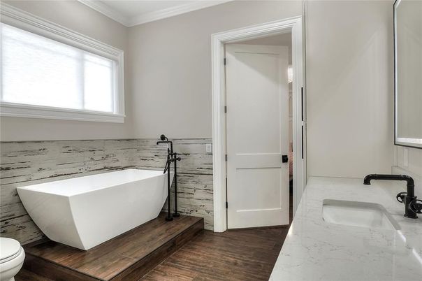 Bathroom, Dual Sink Vanities, Free Standing Baths, Interior, Wood Texture Flooring