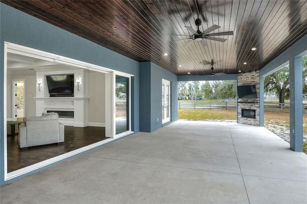 Empty room, Fireplace, Interior, Recessed Lighting, Wooden Ceilings