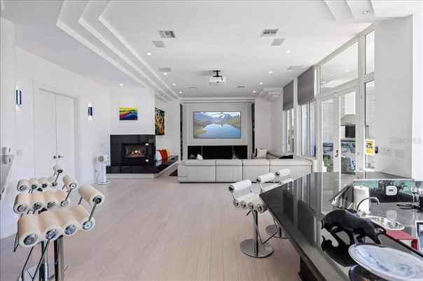 Fireplace, Interior, Living room, Recessed Lighting, Wood Texture Flooring