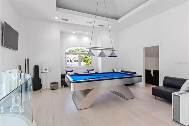 Billiard Table, Game Room, Interior, Pendant Lights, Recessed Lighting, Wood Texture Flooring