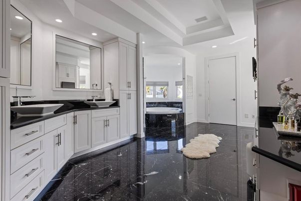 Bathroom, Dual Sink Vanities, Interior, Marble, Recessed Lighting