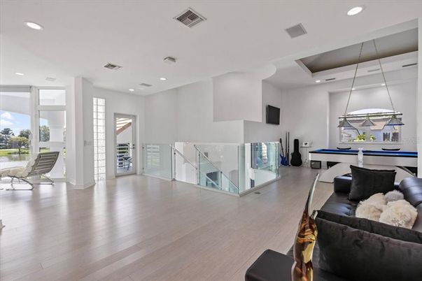 Billiard Table, Game Room, Interior, Pendant Lights, Recessed Lighting, Wood Texture Flooring