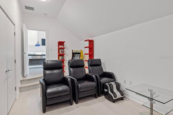 Home Theatre Room, Interior, Recessed Lighting, Wood Texture Flooring