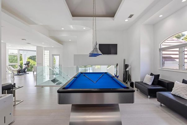 Billiard Table, Game Room, Interior, Pendant Lights, Recessed Lighting, Wood Texture Flooring