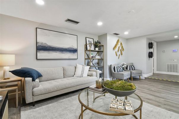 Interior, Living room, Recessed Lighting, Wood Texture Flooring