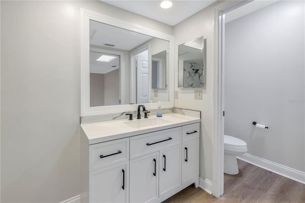 Bathroom, Interior, Recessed Lighting, Wood Texture Flooring