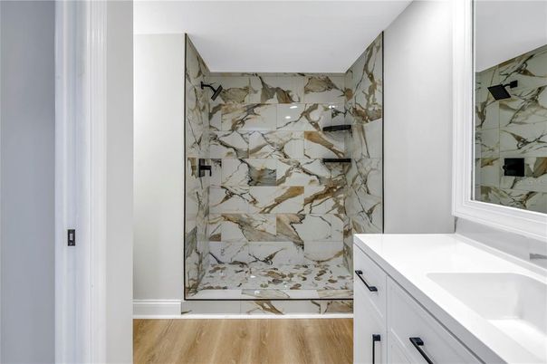 Bathroom, Interior, Marble Walls, Wood Texture Flooring