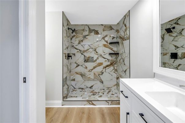Bathroom, Interior, Marble Walls, Wood Texture Flooring