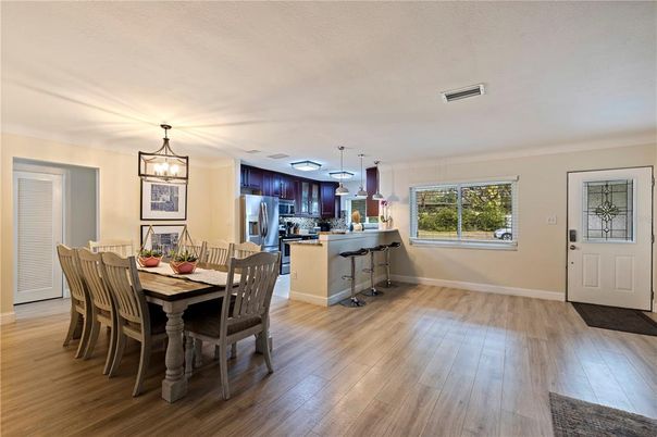 Dining room, Interior, Kitchen, Pendant Lights, Wood Texture Flooring
