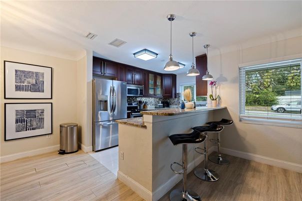Interior, Kitchen, Pendant Lights, Stainless Steel Appliances, Wood Texture Flooring