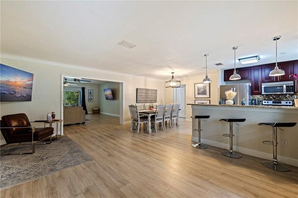 Dining room, Interior, Kitchen, Pendant Lights, Wood Texture Flooring