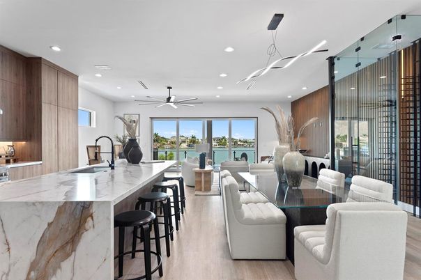 Dining room, Interior, Kitchen, Pendant Lights, Recessed Lighting, Water, Wood Texture Flooring