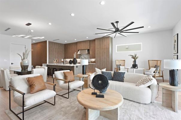 Dining room, Interior, Kitchen, Living room, Pendant Lights, Recessed Lighting, Wood Texture Flooring