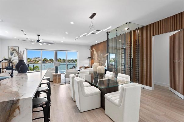 Dining room, Interior, Living room, Pendant Lights, Recessed Lighting, Water, Wood Texture Flooring