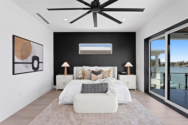 Bedroom, Interior, Recessed Lighting, Water, Wood Texture Flooring