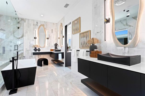 Bathroom, Dual Sink Vanities, Free Standing Baths, Glass Shower, Interior, Marble, Marble Walls, Recessed Lighting
