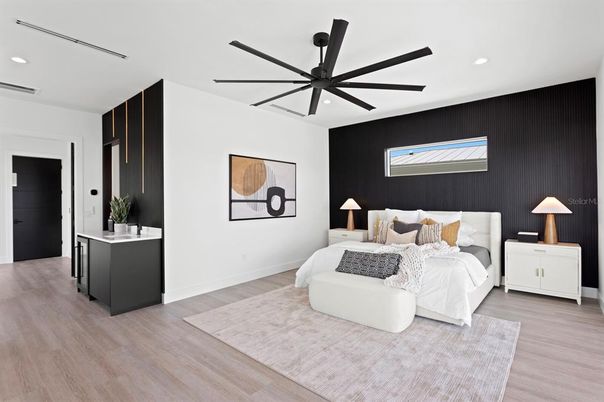 Bedroom, Interior, Recessed Lighting, Wood Texture Flooring