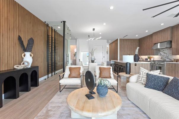 Dining room, Interior, Kitchen, Living room, Pendant Lights, Recessed Lighting, Stainless Steel Appliances, Wood Texture Flooring