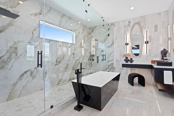 Bathroom, Free Standing Baths, Glass Shower, Interior, Marble, Marble Walls, Recessed Lighting