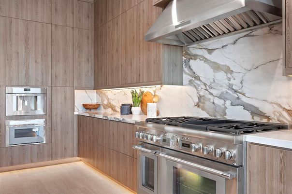Interior, Kitchen, Marble Walls, Stainless Steel Appliances, Wood Texture Flooring