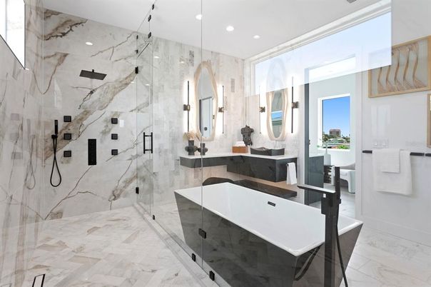 Bathroom, Free Standing Baths, Glass Shower, Interior, Marble, Marble Walls, Recessed Lighting