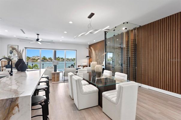Dining room, Interior, Living room, Pendant Lights, Recessed Lighting, Water, Wood Texture Flooring