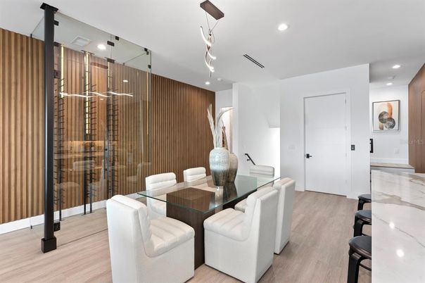 Dining room, Interior, Pendant Lights, Recessed Lighting, Wine Storage, Wood Texture Flooring