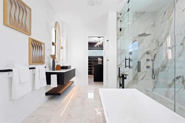 Bathroom, Dual Sink Vanities, Free Standing Baths, Glass Shower, Interior, Marble, Marble Walls