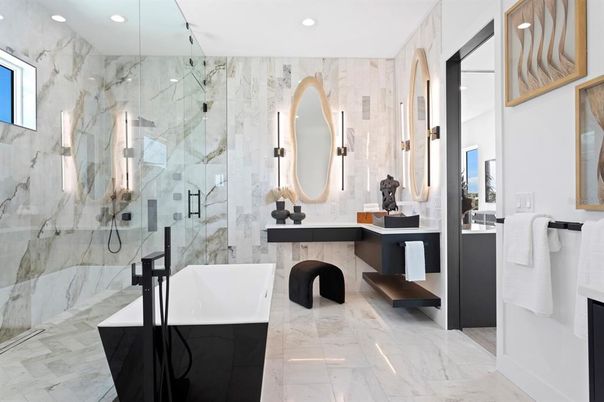 Bathroom, Dual Sink Vanities, Free Standing Baths, Glass Shower, Interior, Marble, Marble Walls, Recessed Lighting