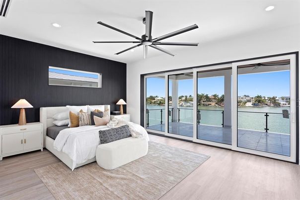 Bedroom, Interior, Recessed Lighting, Water, Wood Texture Flooring