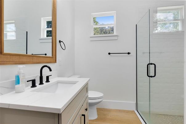 Bathroom, Glass Shower, Interior, Wood Texture Flooring