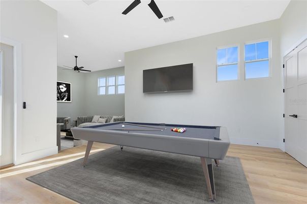 Billiard Table, Game Room, Interior, Recessed Lighting, Wood Texture Flooring