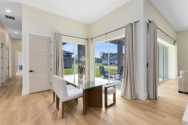 Dining room, Interior, Recessed Lighting, Wood Texture Flooring