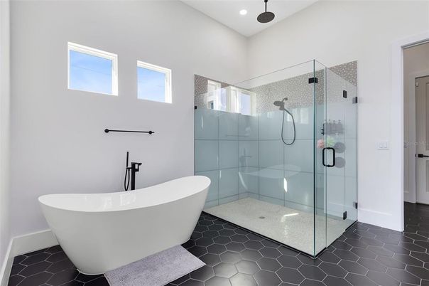Bathroom, Free Standing Baths, Glass Shower, Interior, Recessed Lighting