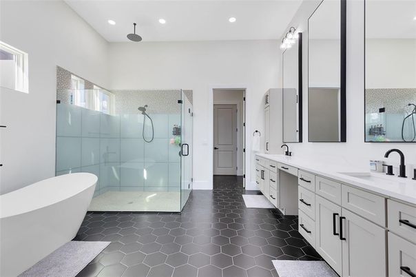 Bathroom, Dual Sink Vanities, Free Standing Baths, Glass Shower, Interior, Recessed Lighting