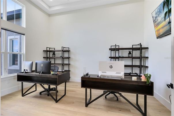Home Office, Interior, Recessed Lighting, Wood Texture Flooring