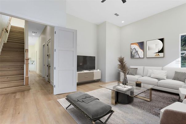 Interior, Living room, Recessed Lighting, Wood Texture Flooring