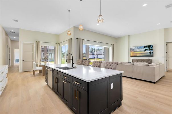 Interior, Kitchen, Living room, Pendant Lights, Recessed Lighting, Wood Texture Flooring
