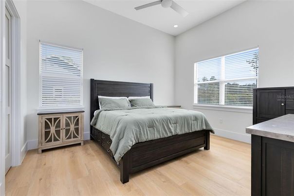 Bedroom, Interior, Recessed Lighting, Wood Texture Flooring