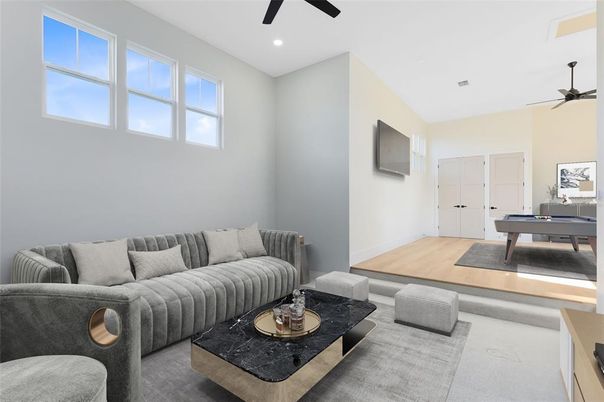 Billiard Table, Game Room, Interior, Living room, Recessed Lighting, Wood Texture Flooring