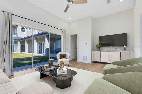 Interior, Living room, Recessed Lighting, Wood Texture Flooring