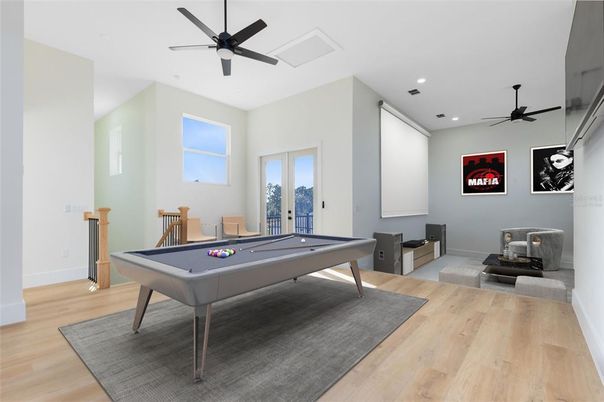 Billiard Table, Game Room, Interior, Recessed Lighting, Wood Texture Flooring
