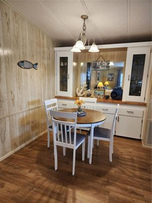 Dining room, Interior, Pendant Lights, Wood Texture Flooring, Wooden Walls
