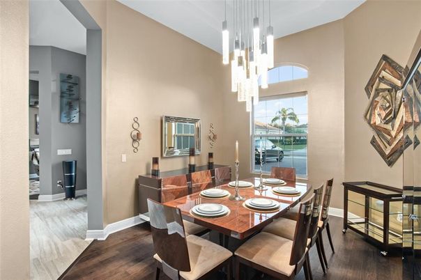 Dining room, Interior, Pendant Lights, Wood Texture Flooring