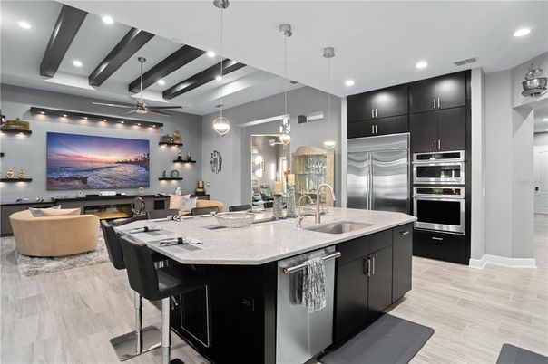 Fireplace, Interior, Kitchen, Living room, Pendant Lights, Recessed Lighting, Wooden Beams, Wood Texture Flooring